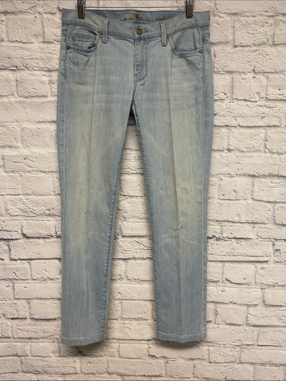 7 For All Mankind Light Wash Crystal Embellished Straight Jeans Size 28